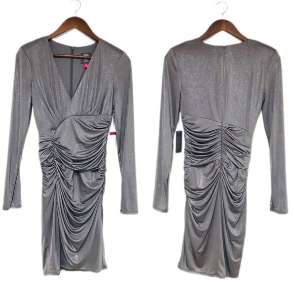 VINCE CAMUTO‎ Silver Metallic Ruched Fitted Cocktail Dress Formal Size 2 New - Picture 2 of 13